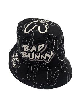 Bad Bunny Black Bucket Hat With Bunny Graphics & Logo